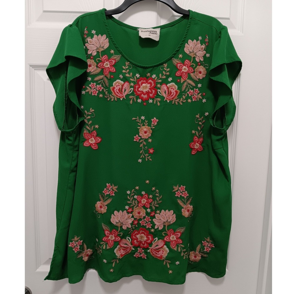Savanna Jane Green Floral Embroidered Ruffle Sleeve Boho Top 3X P16841